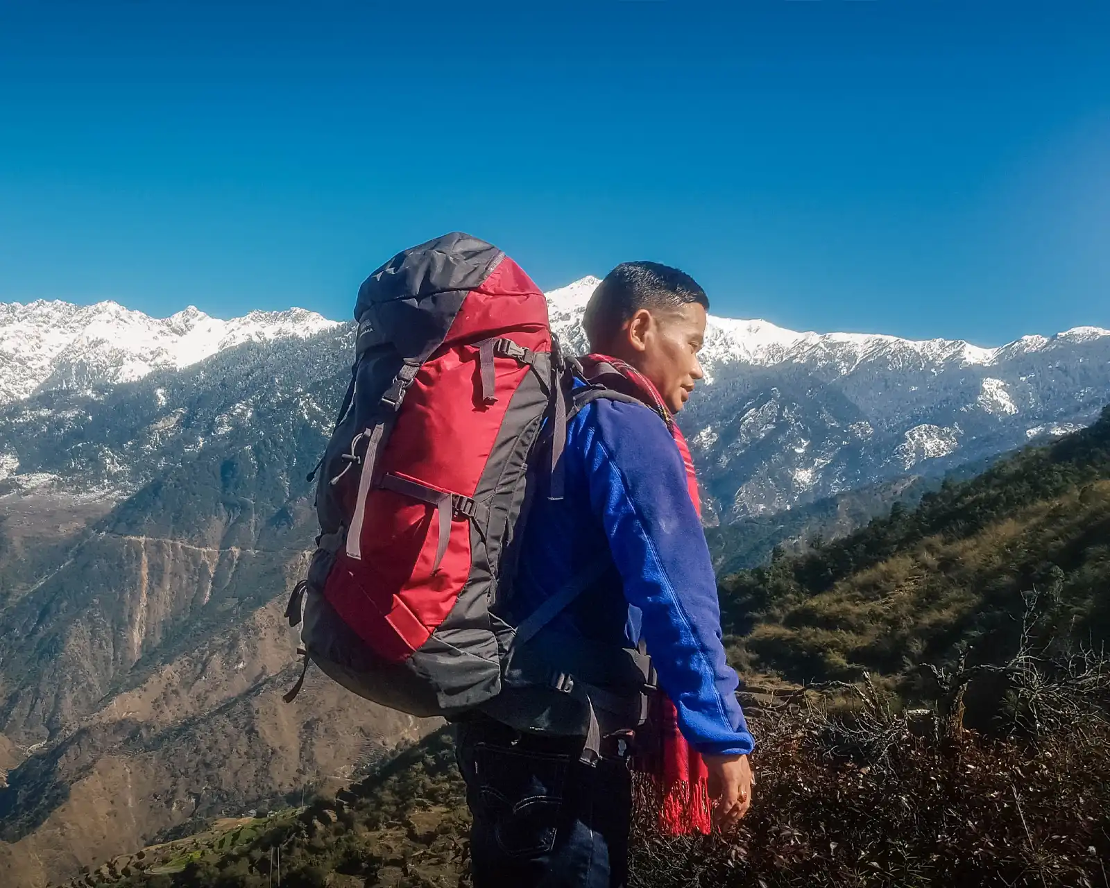 Trekking at Ruby Valley with Ganesh Himal mountain range and clear blue sky.