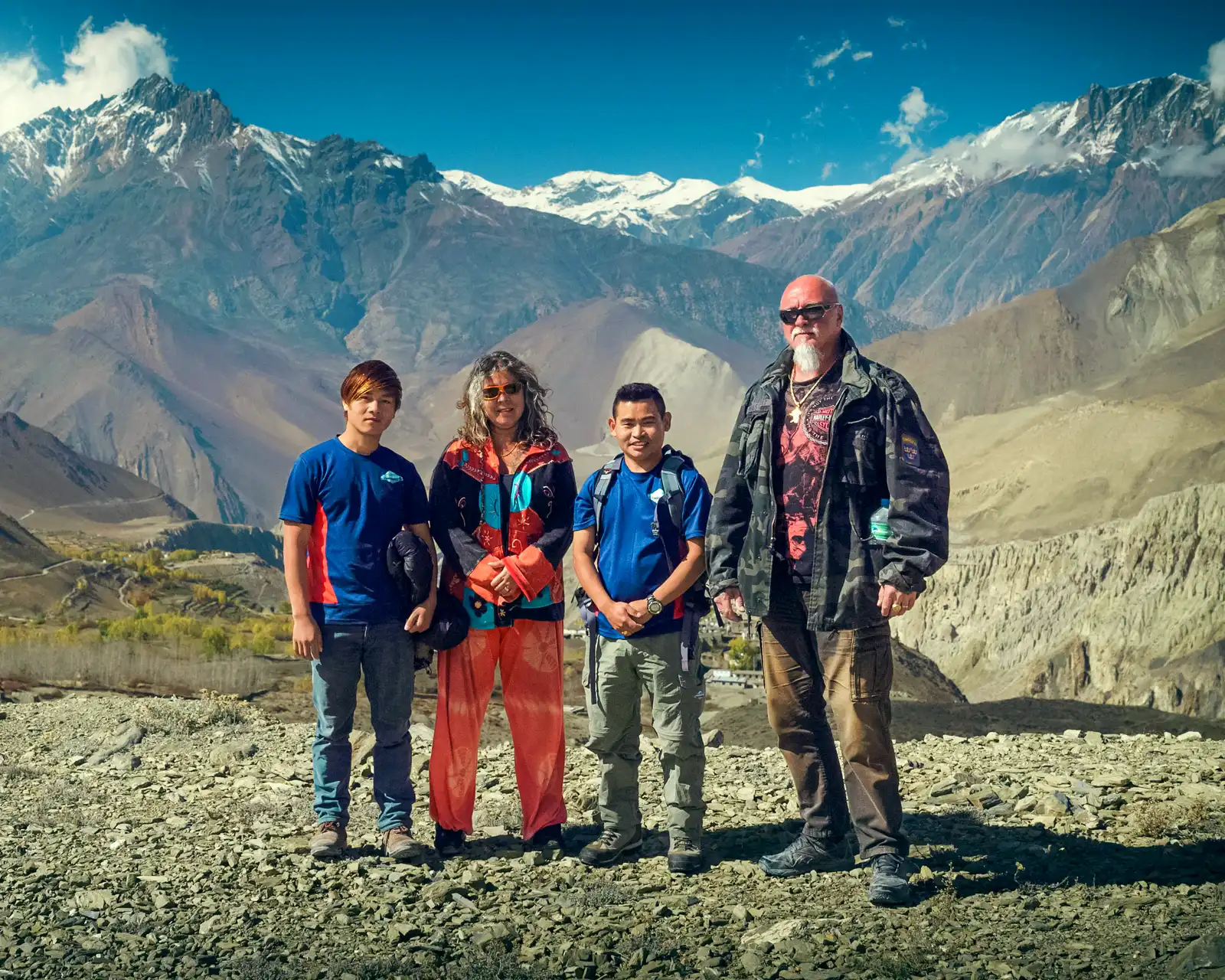 Annapurna Circuit trek with Annapurna mountain range and rugged landscape near Muktinath.