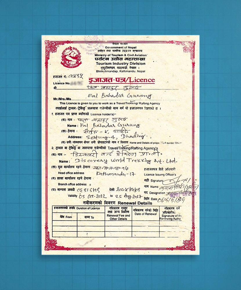 License to work as Travel/Trekking agency