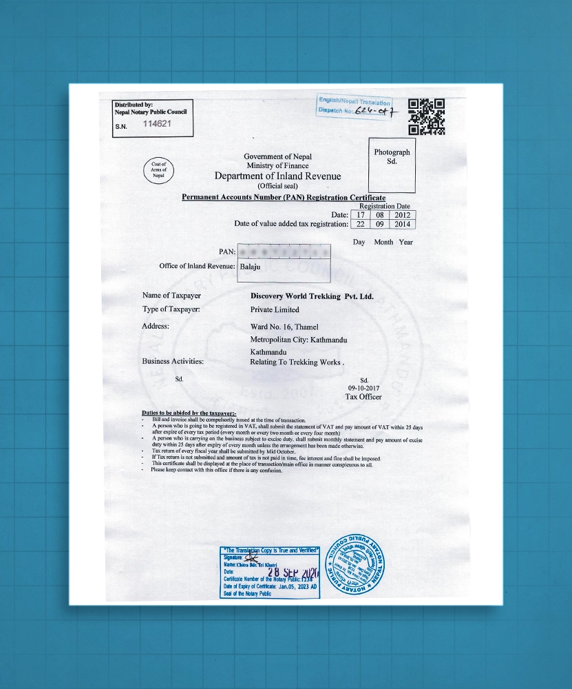 Certificate from the Tax office of Nepal