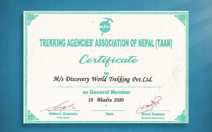 Trekking Agencies Association Of Nepal (TAAN) Membership Certificate
